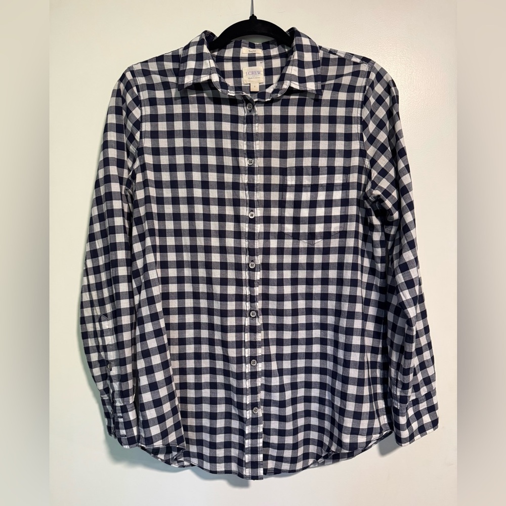 J.Crew Navy and White Plaid Women's Button down Shirt "Boy" Fit size Small